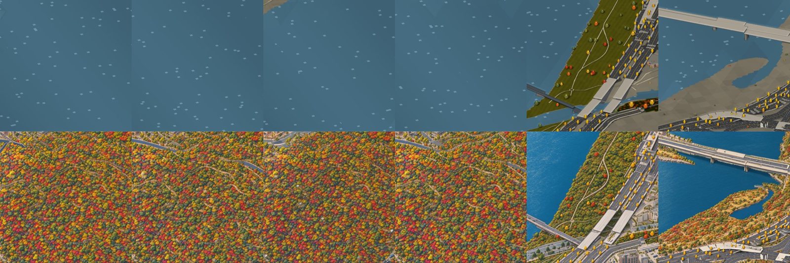 Water-only tiles painted as forest